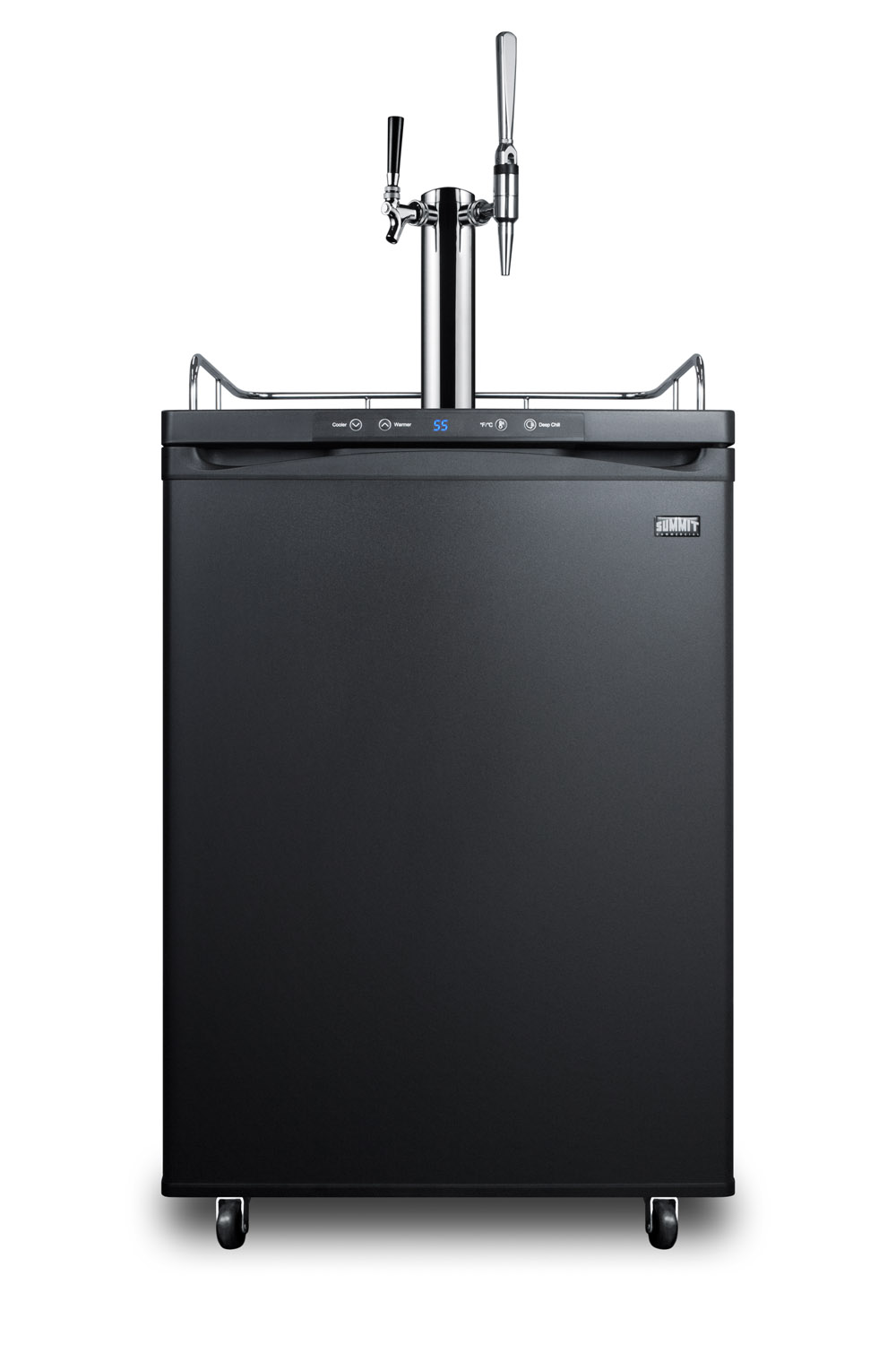 Dual tap coffee dispenser in black, with a combination nitro/flat coffee tap kit in stainless steel